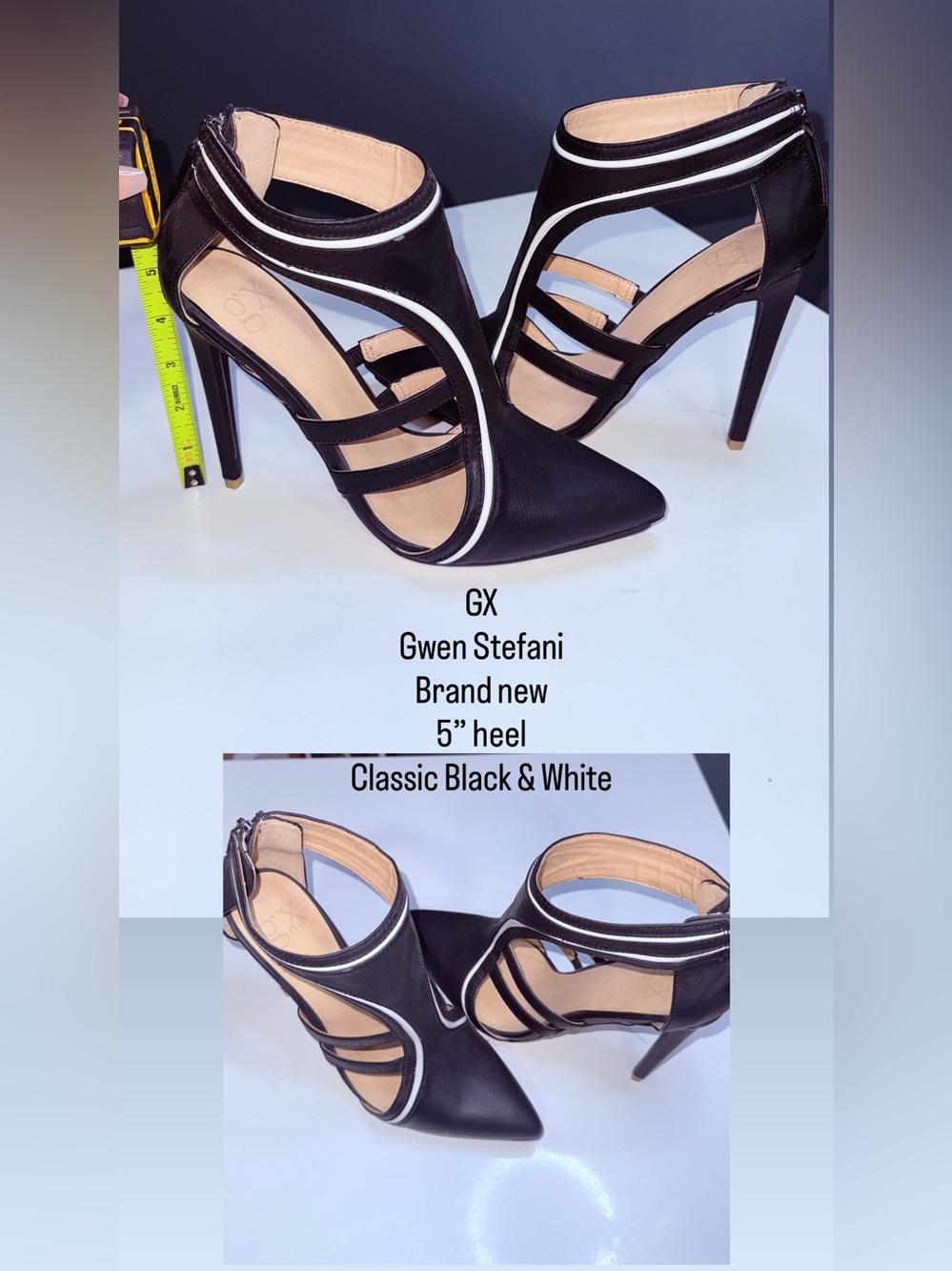 GX by Gwen Stefani Black and White Strappy Pointed Stiletto Heels
